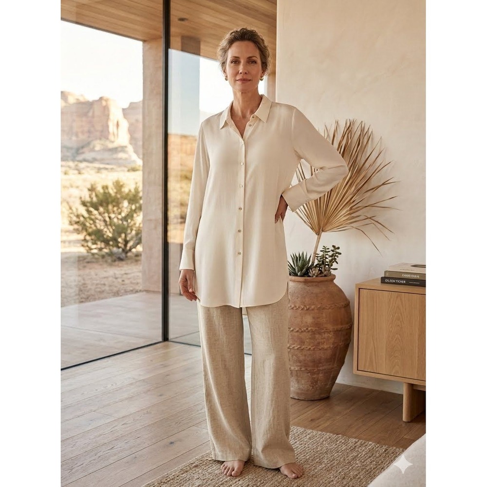 Eileen Fisher Silk Long Sleeve Button Down Tunic Shirt Bone White Large